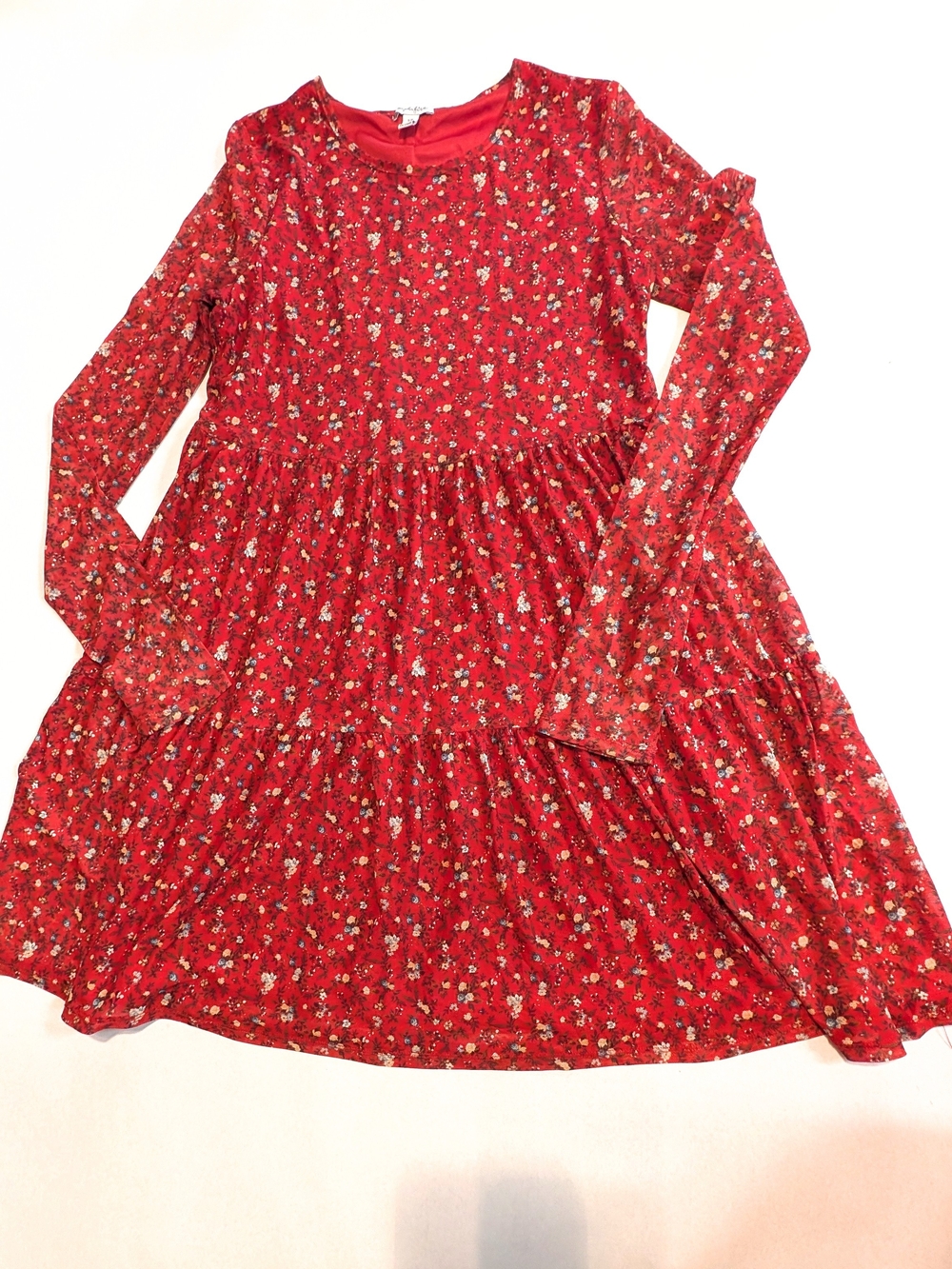 Love, Fire Tiered Babydoll Mini Dress Long Sheer Sleeve Red Floral SMALL Boho